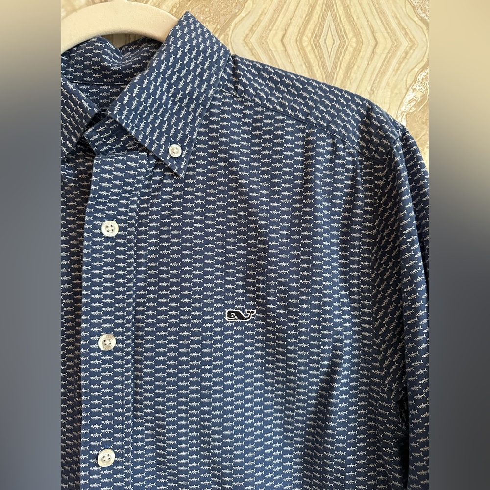 VINEYARD VINES mens S slim fit WHALE SHIRT BONE FISH 100% COTTON Navy Blue LS